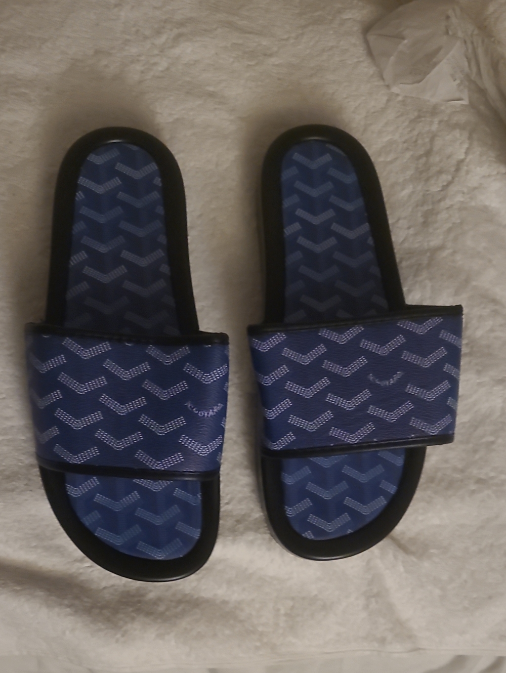 Ladies Navy Slide Sandals with Patterned Strap